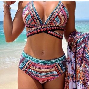 Multicolor Boho Womens Print Halter Triangle High Waisted Bikini Swimsuit